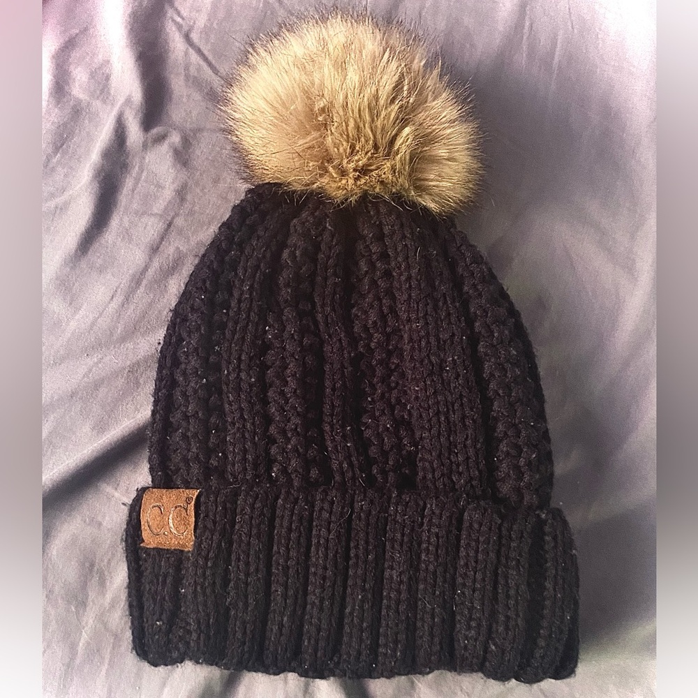 Women’s C.C black winter beanie with Pom Pom, one size